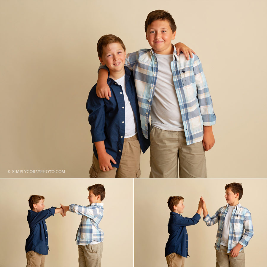 family photographer Atlanta, tween twin brothers in studio