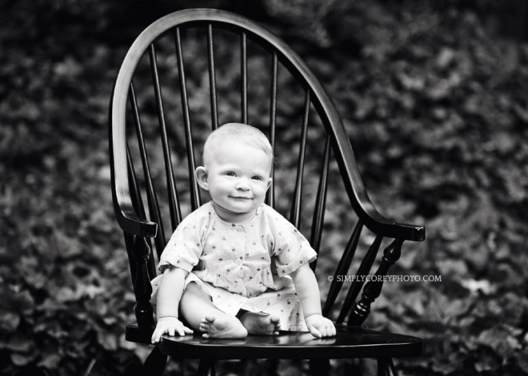 Douglasville baby photographer, girl in chair in black and white