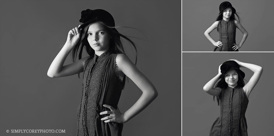 Douglasville headshot photographer, tween girl in black and white