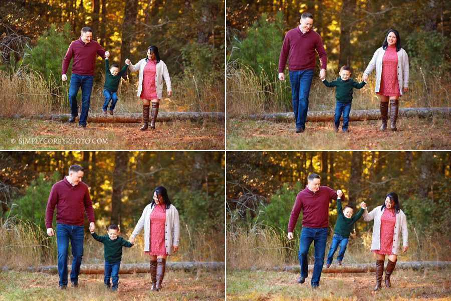 Newnan family photographer, parents swinging boy outside