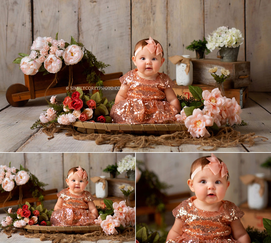 Atlanta baby photographer, girl in a pink sequins dress with flowers