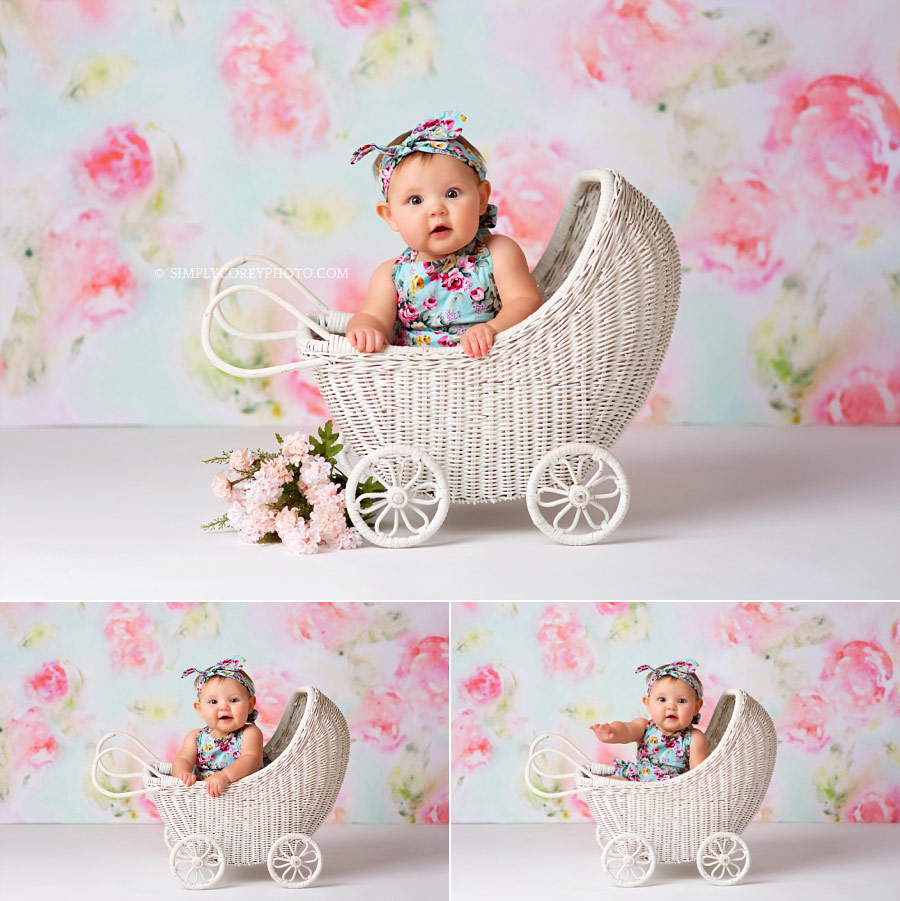 baby photographer Newnan, girl in a white carriage with pink flowers