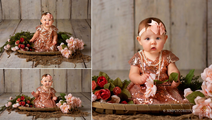 Douglasville baby photographer, girl with pink flowers in studio