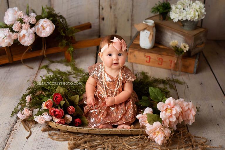 Newnan baby photographer, girl sitter session with flowers