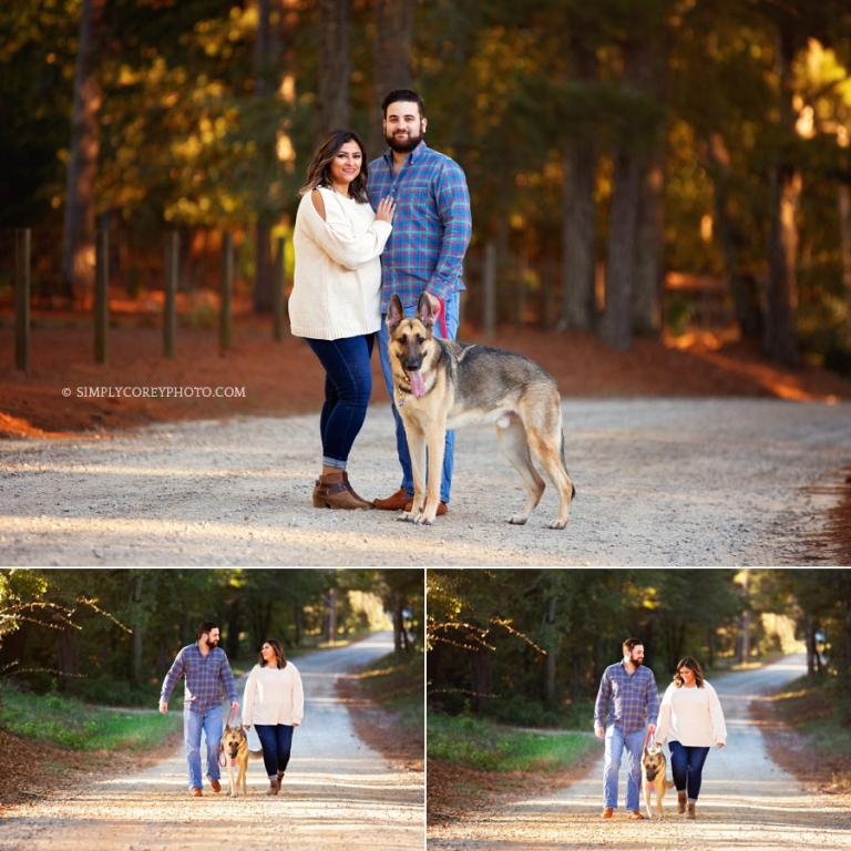 Carrollton couples photographer, family walking a dog down a dirt road