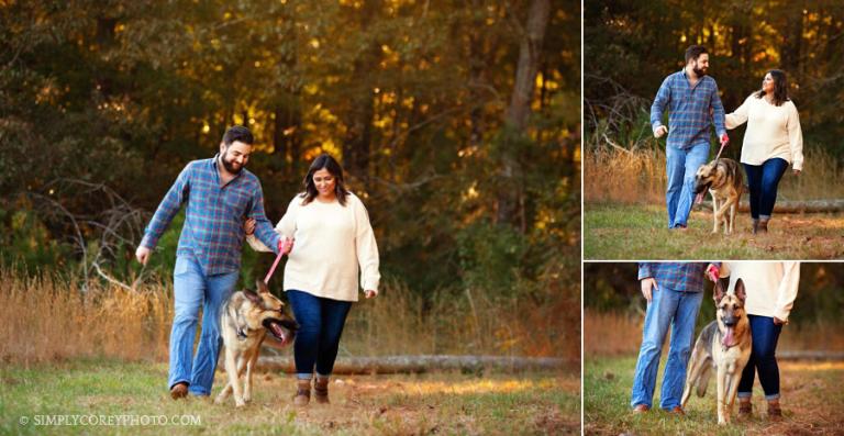 Carrollton family photographer, couple walking German Shepard