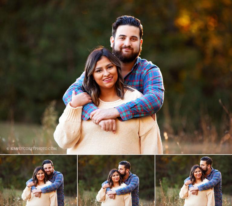 Douglasville couples photographer, outdoor fall portrait of couple hugging