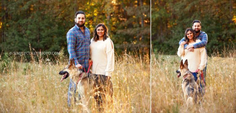 Newnan couples photographer, family in tall grass with a dog