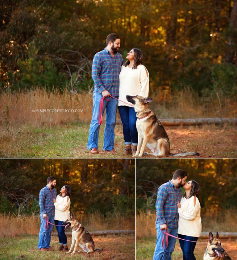 Villa Rica couples photographer, family outside with a German Shepard