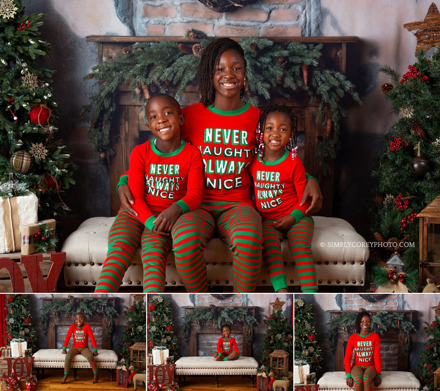 Carrollton holiday mini session, kids in matching Christmas pajamas