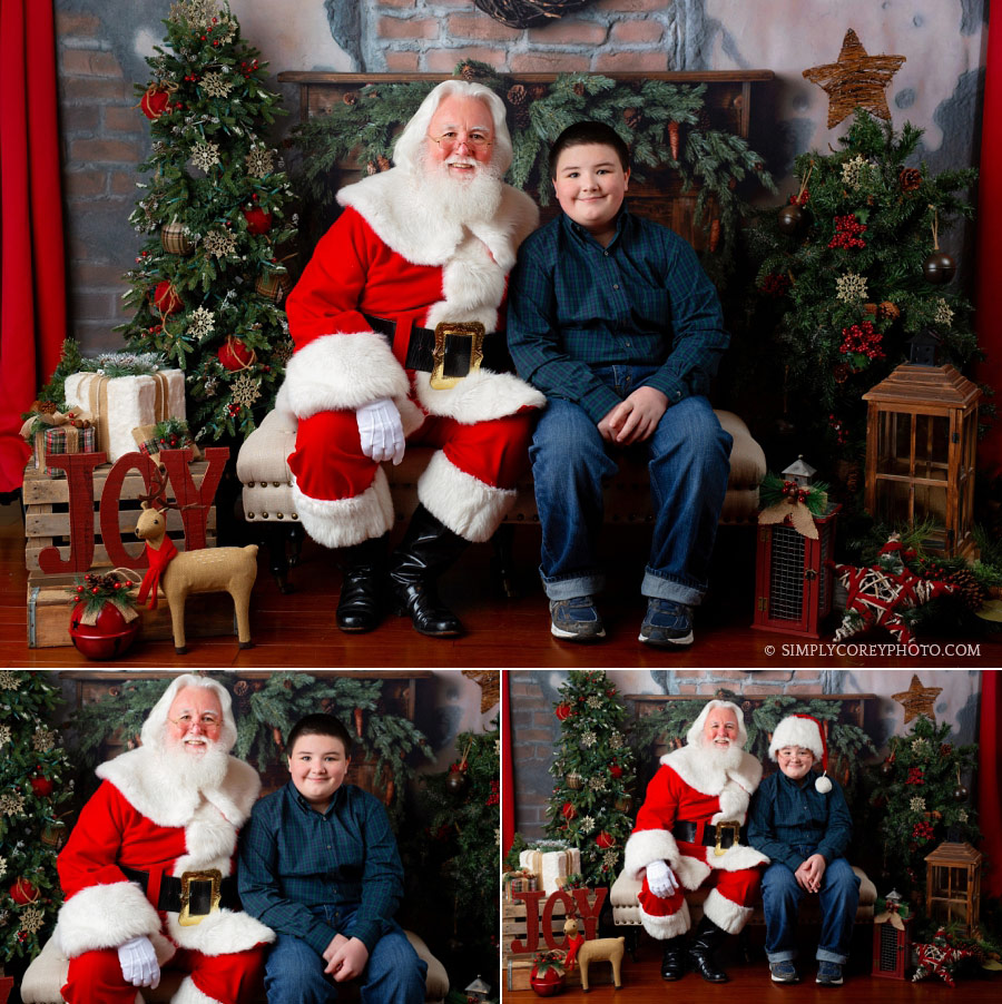Santa Claus mini sessions Villa Rica, tween boy wearing Santa hat