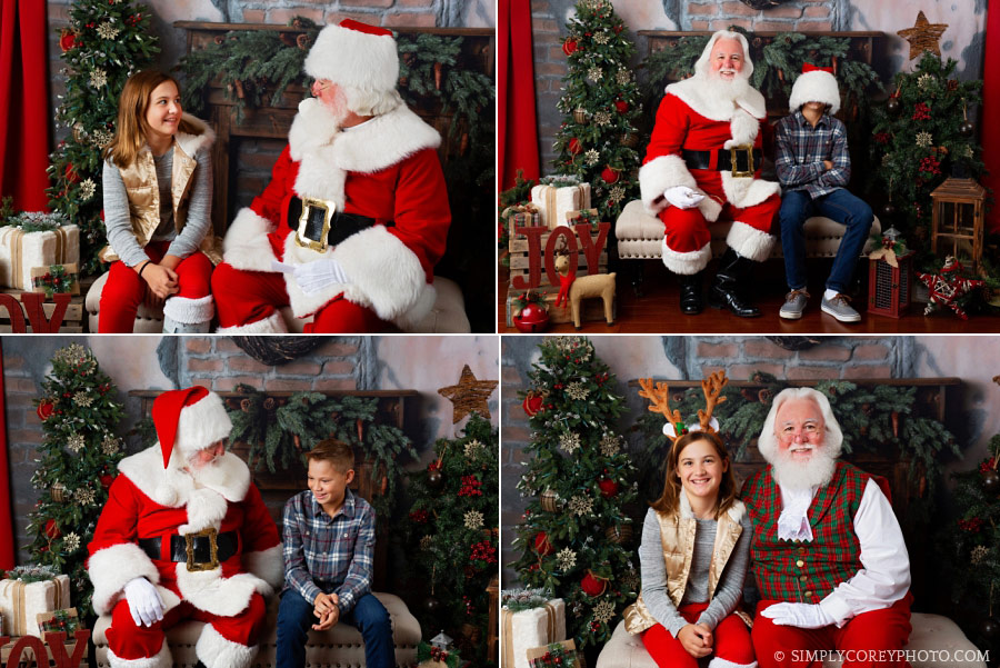Villa Rica Santa Claus mini sessions, tween siblings being silly