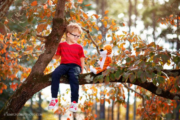 Atlanta children's photographer, boy in a tree dressed as Calvin and Hobbes