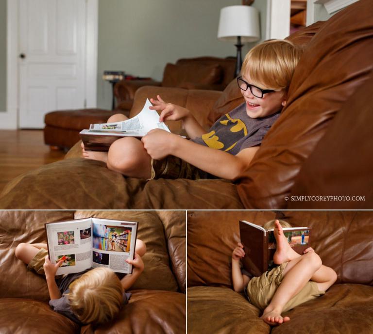 Atlanta lifestyle photographer, child reading a My Social Book album