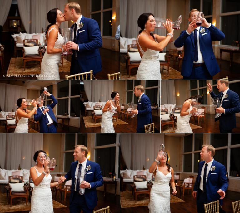 Atlanta wedding photographer, bride and groom drinking from glass boots