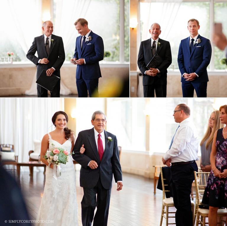 Atlanta wedding photographer, bride walking down aisle in The Piedmont Room