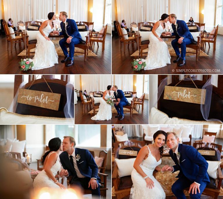 Atlanta wedding photographer, couple in pilot chairs in Piedmont Room