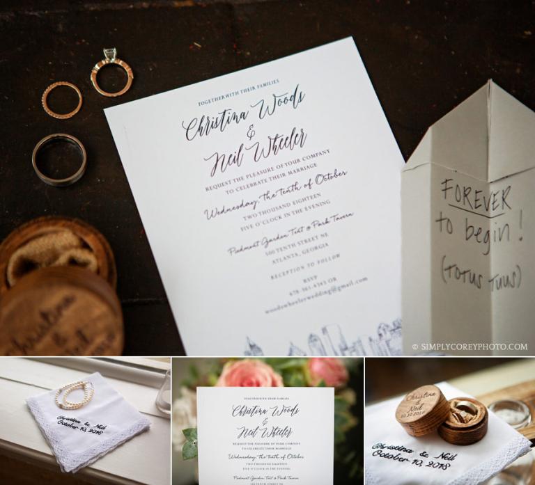 Carrollton wedding photographer, detail shot with invitation and rings