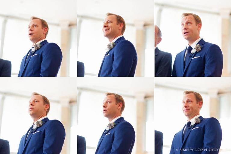 Carrollton wedding photographer, groom in blue suit first look at bride