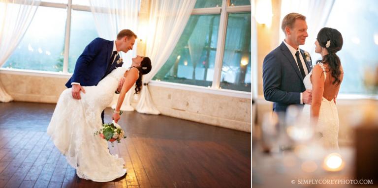 Douglasville wedding photographer, groom dipping bride in Piedmont Room