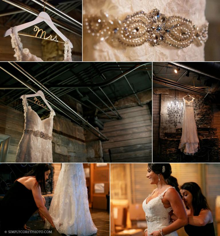 Douglasville wedding photographer, lace wedding dress on Mrs. hanger
