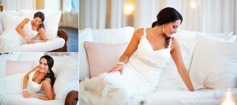 Newnan wedding photographer, bridal portraits on a white couch