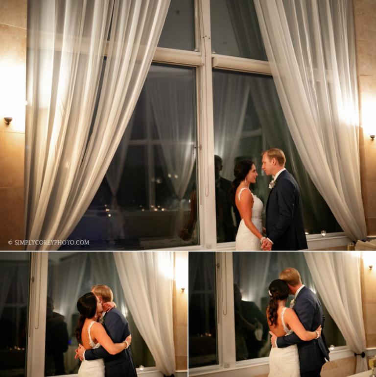 Newnan wedding photographer, bride and groom hugging by big window