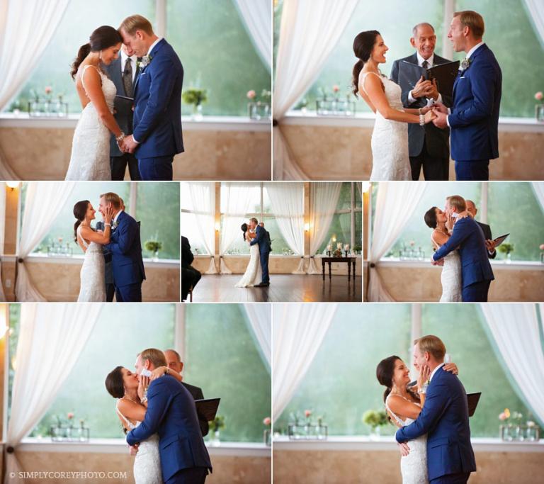 Newnan wedding photographer, first kiss during Piedmont Room ceremony