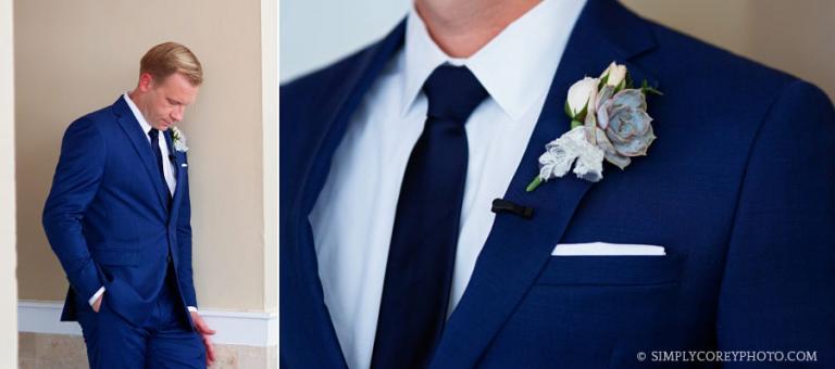 Newnan wedding photographer, groom with succulent boutonniere 
