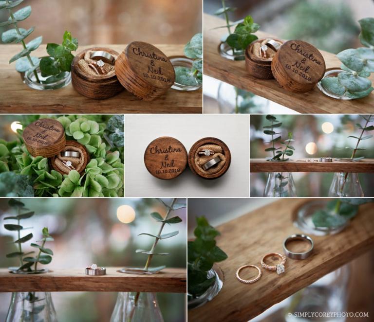 Newnan wedding photographer, rustic wooden ring box with eucalyptus