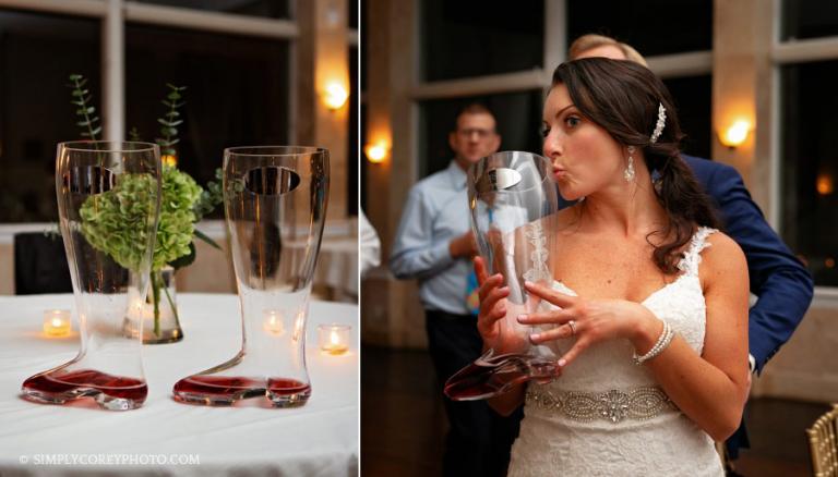 West Georgia wedding photographer, bride with glass boot drink