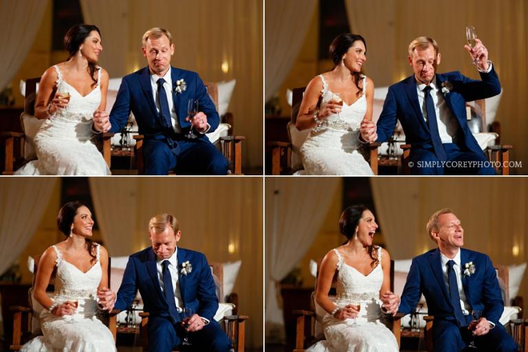 West Georgia wedding photographer, bride and groom react to reception toasts