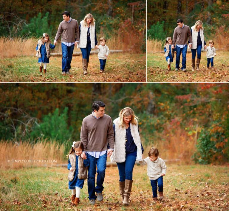 Carrollton family photographer, parents walking with kids in the fall