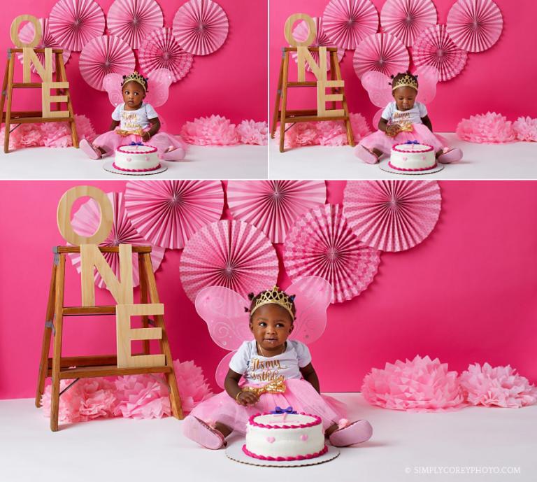 Douglasville cake smash photographer, baby girl and princess pink decor 