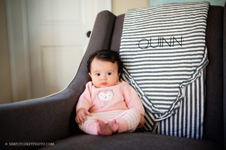Atlanta lifestyle photographer, baby girl in grey nursery chair