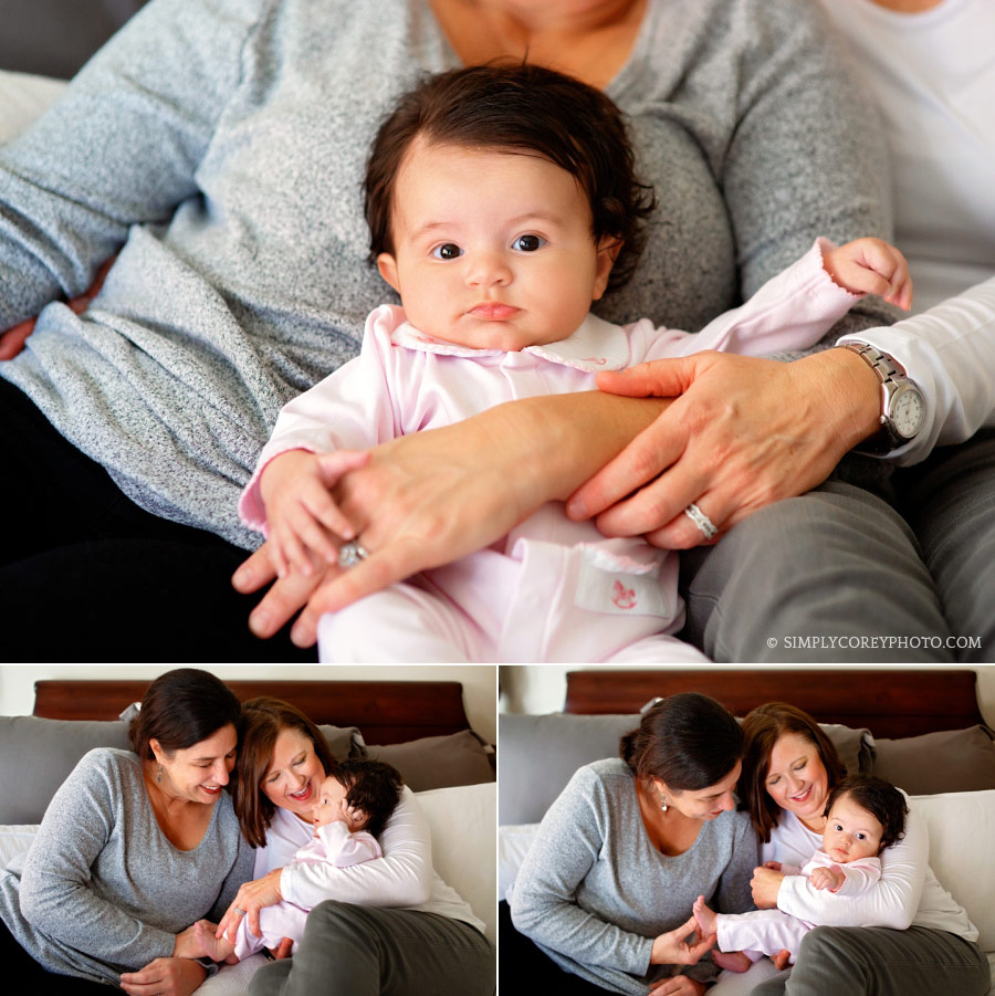 Villa Rica family photographer, snuggling with baby on the bed