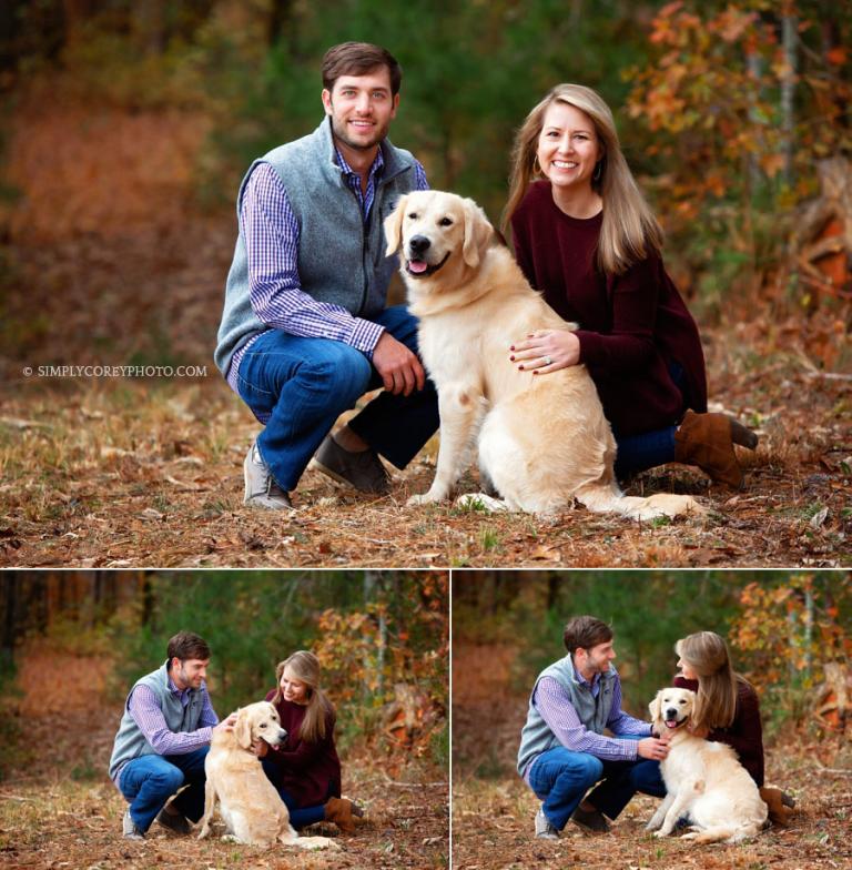 Atlanta pet photographer, couple with Golden Retriever pup