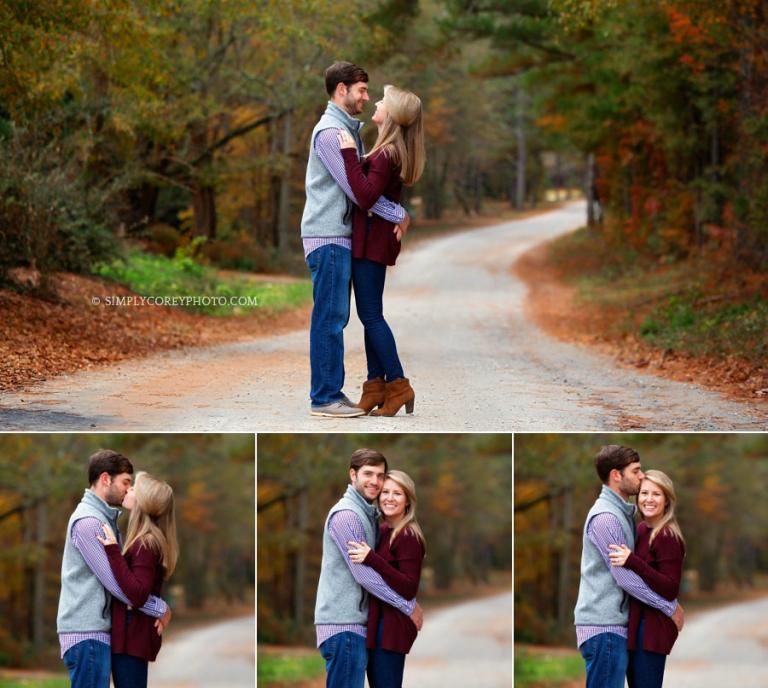 Carrollton couples photographer, hugging on country road in autumn
