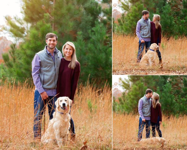 Douglasville pet photographer, couple outside with Golden Retriever