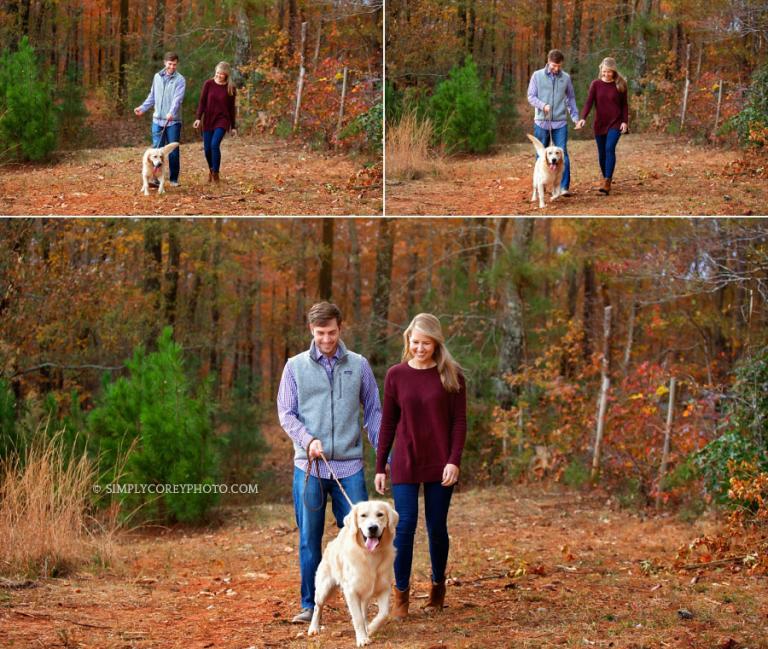 Newnan couples photographer, walking a Golden Retriever pup outside