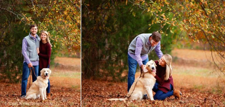 Villa Rica family photographer, couple with a pet Golden Retriever in the fall
