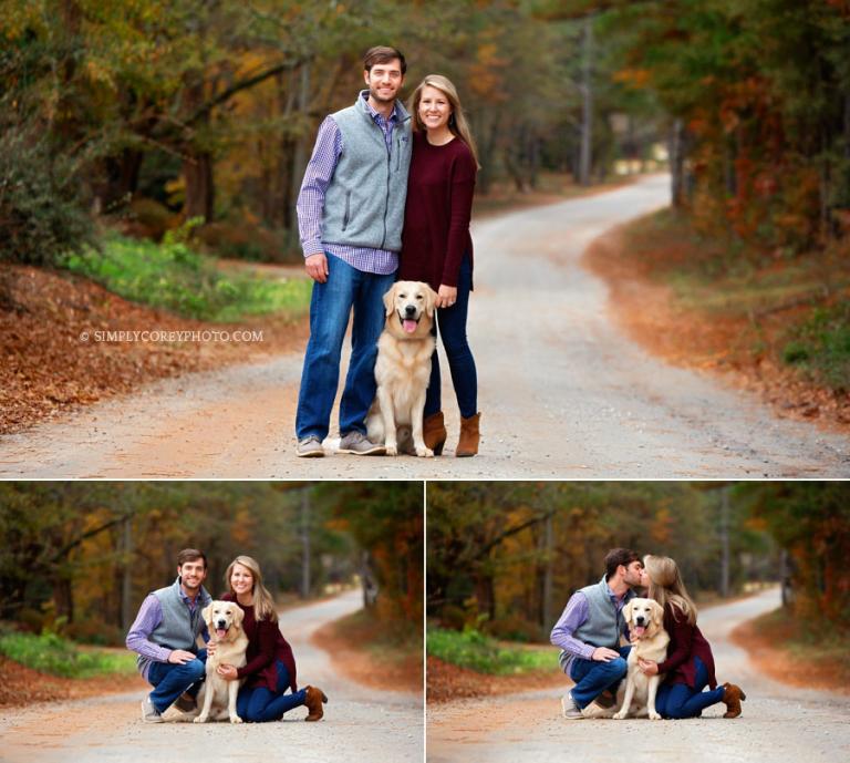 Villa Rica pet photographer, couple on a dirt road with their dog
