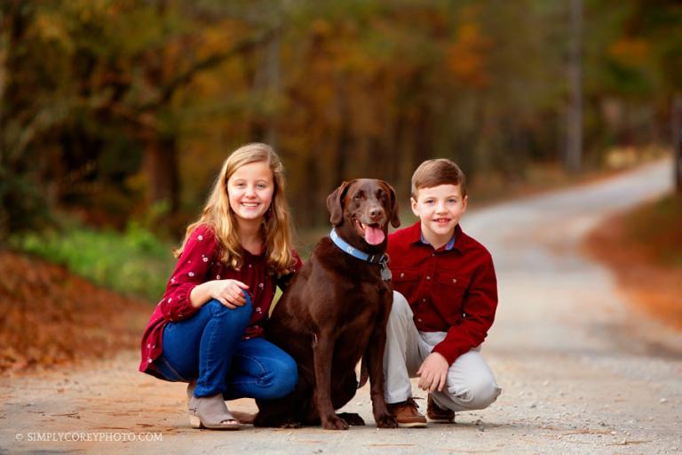 Atlanta family photographer, children on a country road with a dog
