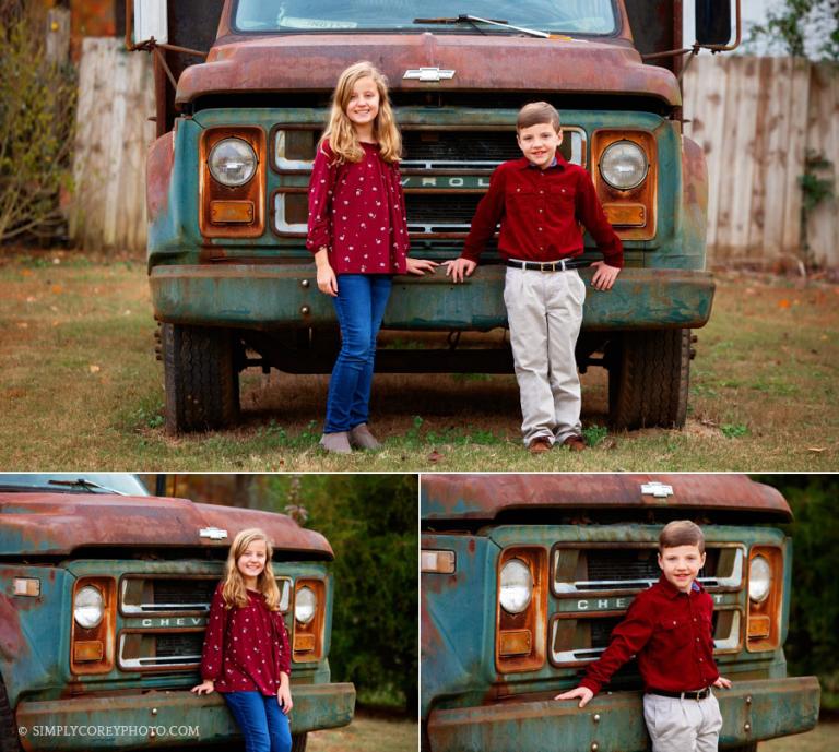 Atlanta family photographer, kids standing by a vintage truck