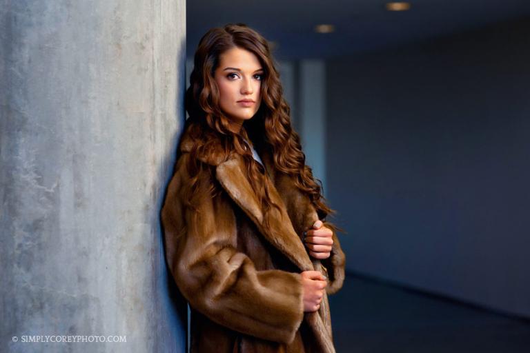 Atlanta senior portrait photographer, teen model in a fur coat