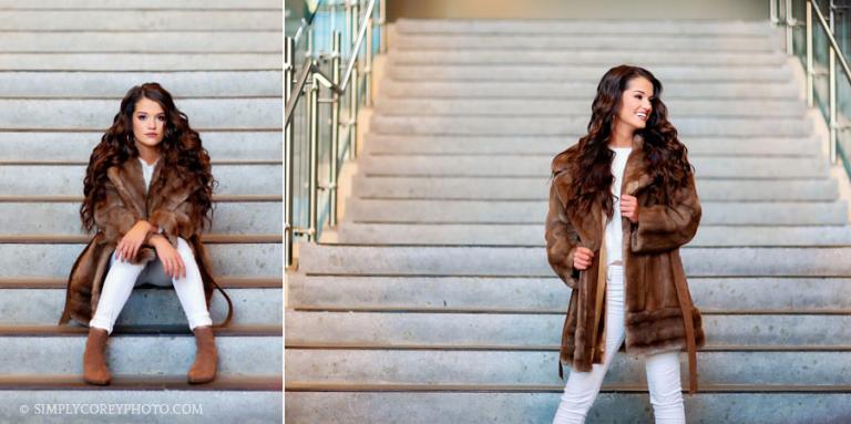 Bremen senior portrait photographer, teen in fur on stairs