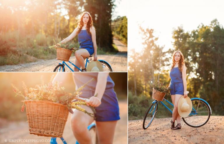 Douglasville senior portrait photographer, teen on a vintage bicycle in country