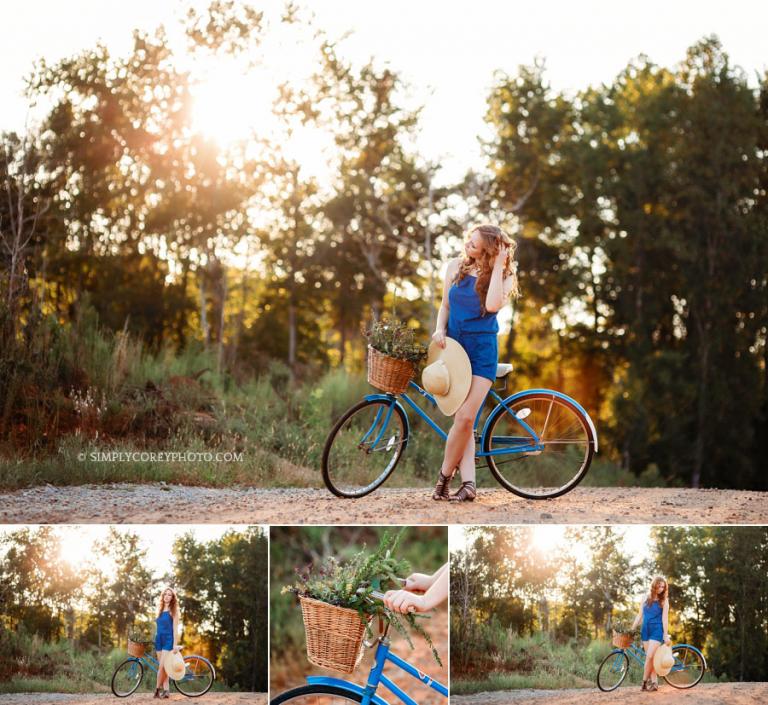 Atlanta senior portraits of a teen with red hair and a vintage bicycle