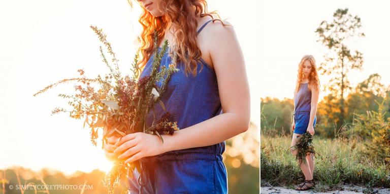 senior photographer near Carrollton, GA; teen holding flowers outside