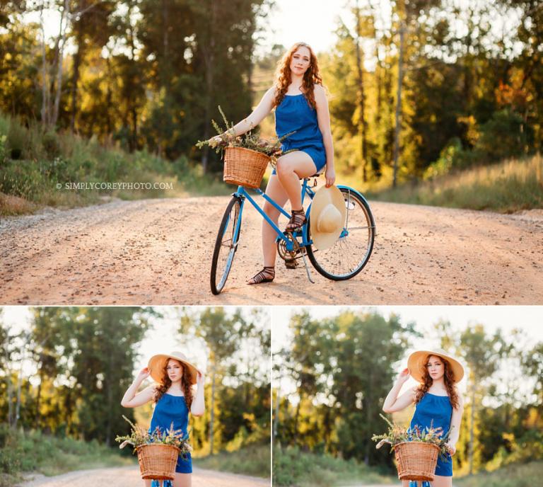 Carrollton senior portrait photographer, teen with vintage bike on dirt road